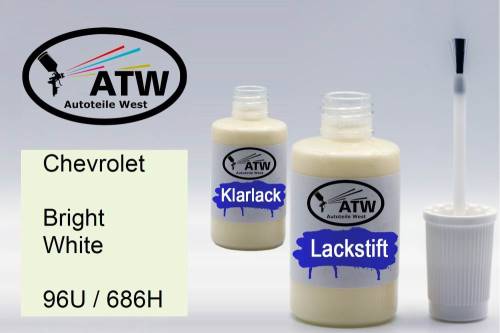 Chevrolet, Bright White, 96U / 686H: 20ml Lackstift + 20ml Klarlack - Set, von ATW Autoteile West.